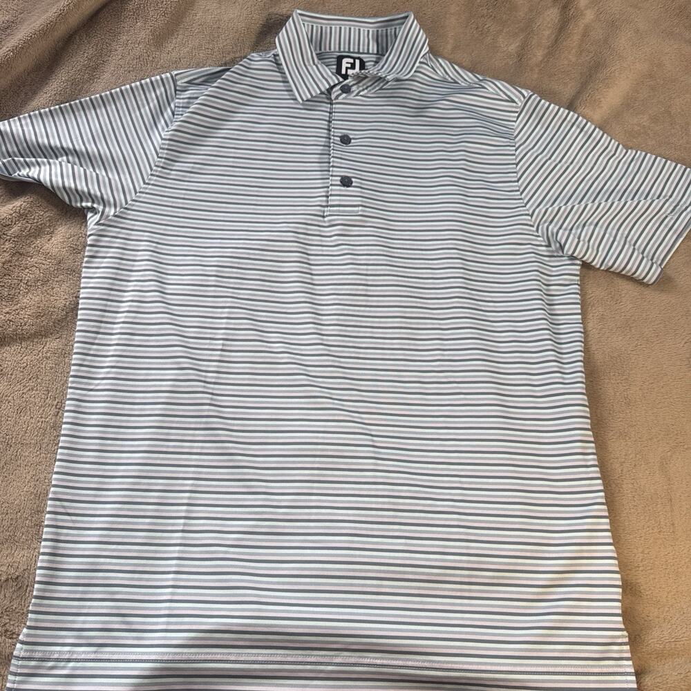 FootJoy Mens M Golf Polo Shirt Short Sleeve Stretch Striped Blue Medium